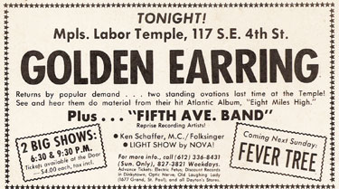 Newspaper ad Golden Earring show March 15 1970 Minneapolis - Labor Temple